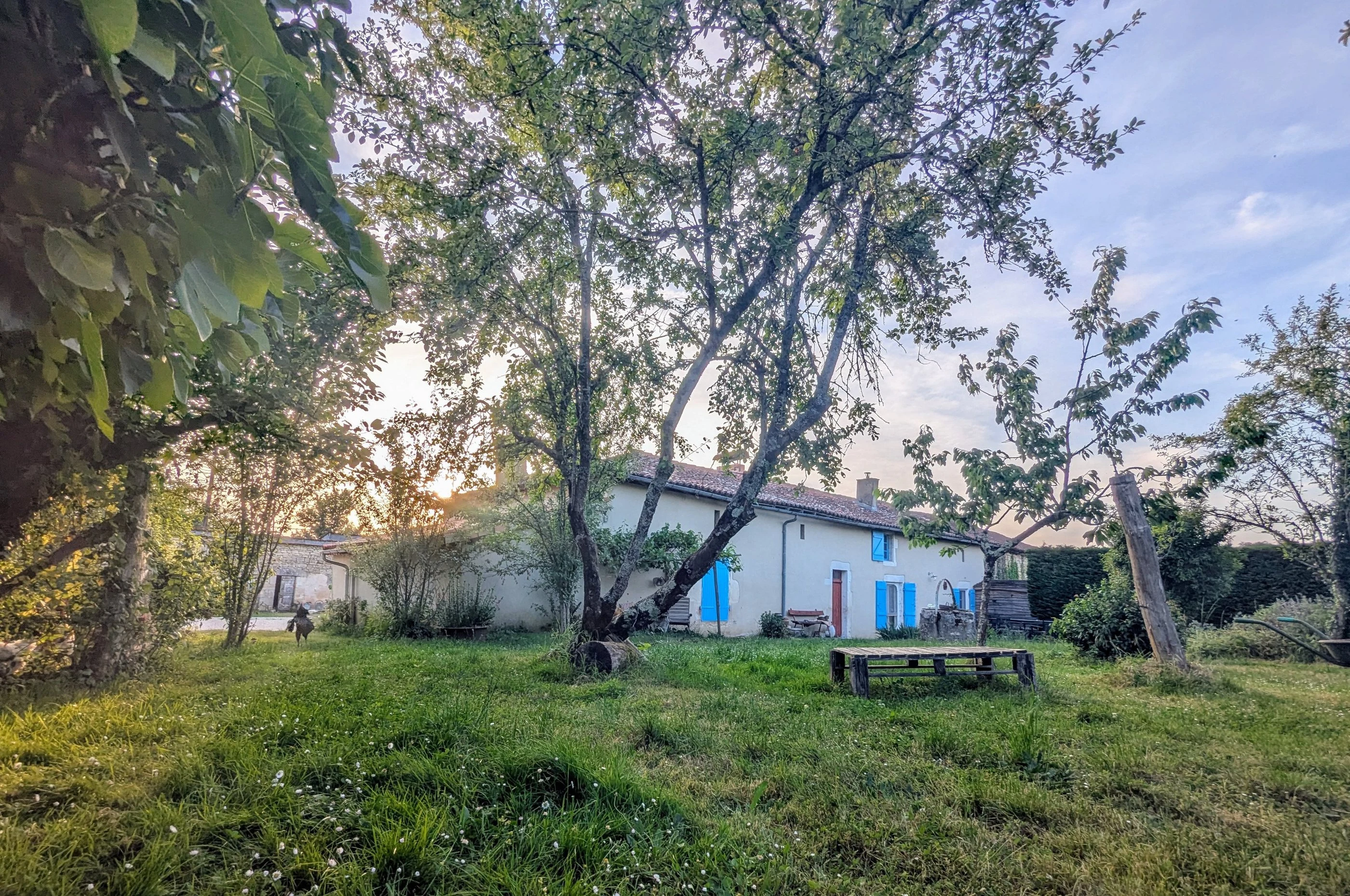 Façade ensoleillée de la longère rénovée de Puychety, à Cellefrouin (Charente)